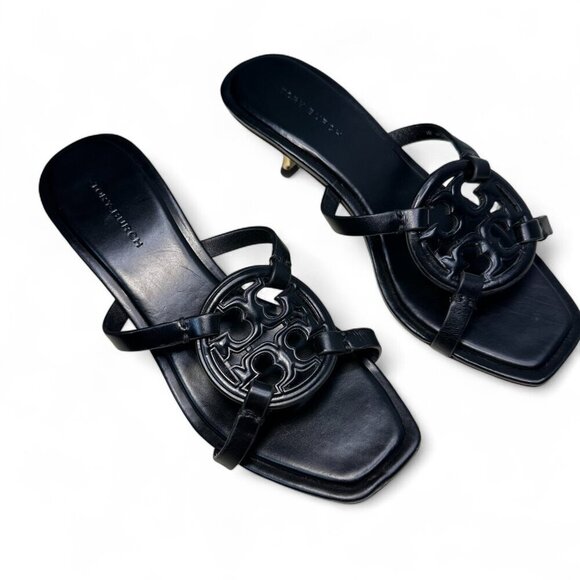 TORY BURCH Miller Bombé Embossed Logo Gold Kitten Heeled Sandal, Black, Size 6 - Picture 3 of 16